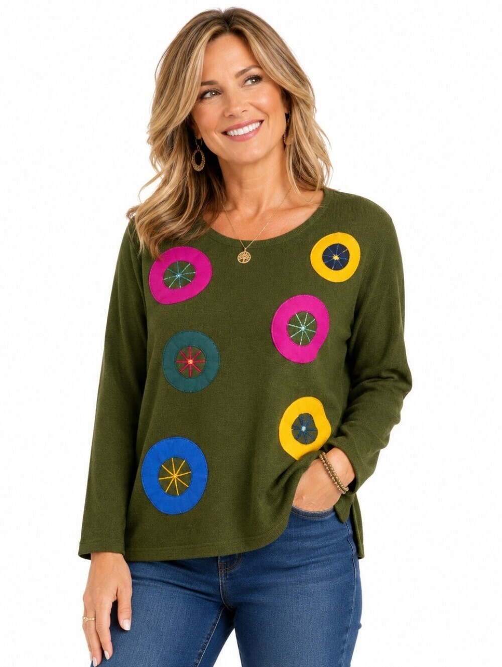 Moffi Boho  Bohemian Retro Knit Shirt with Circle Designs Olive Green M
